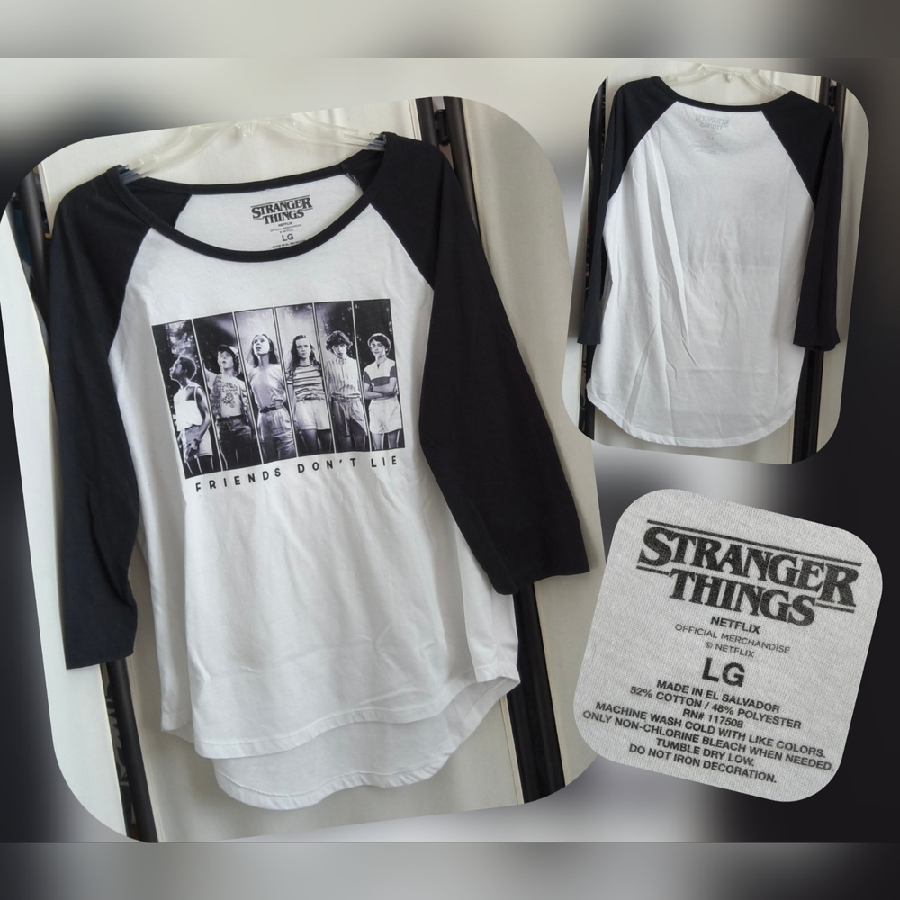 Stranger Things Women's Black and White Raglan Tee 'FRIENDS DONT LIE' Size Lg
